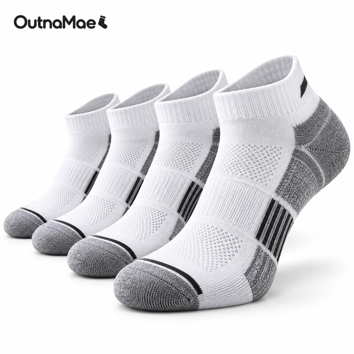 OutnaMae™ Performance Ankle Socks – 4-Pair White & Gray Pack