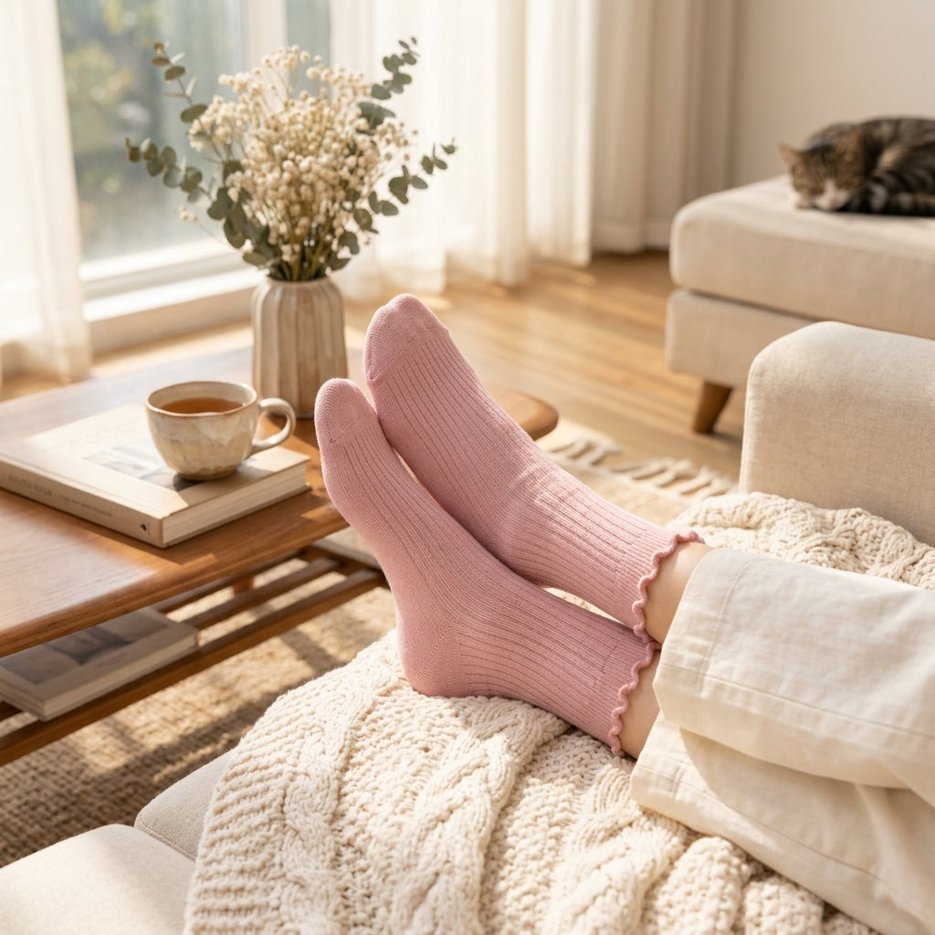 OutnaMae™ Blush Pink Ruffle Ribbed Crew Socks