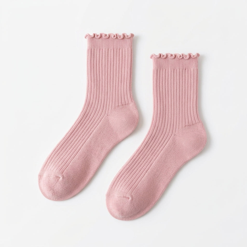 OutnaMae™ Blush Pink Ruffle Ribbed Crew Socks