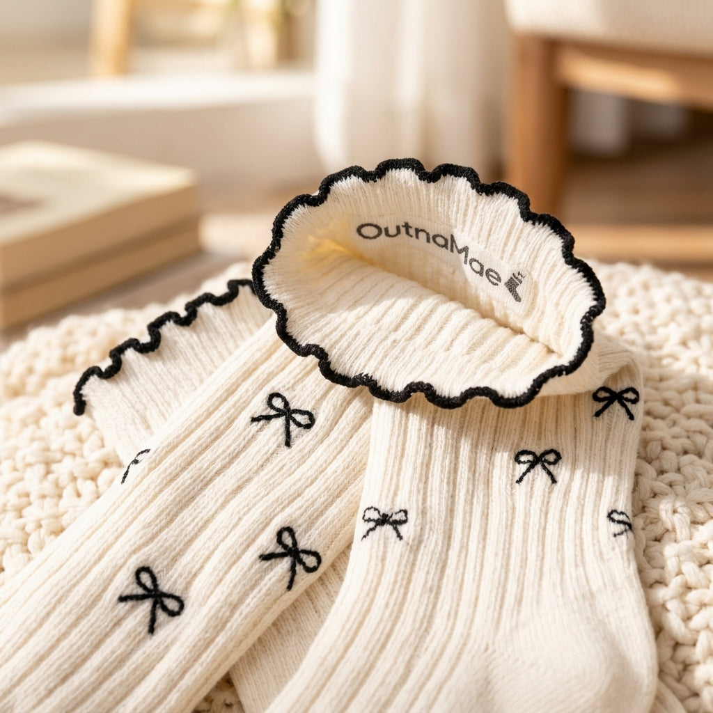 OutnaMae™ Ivory Bow Print Ruffle Crew Socks