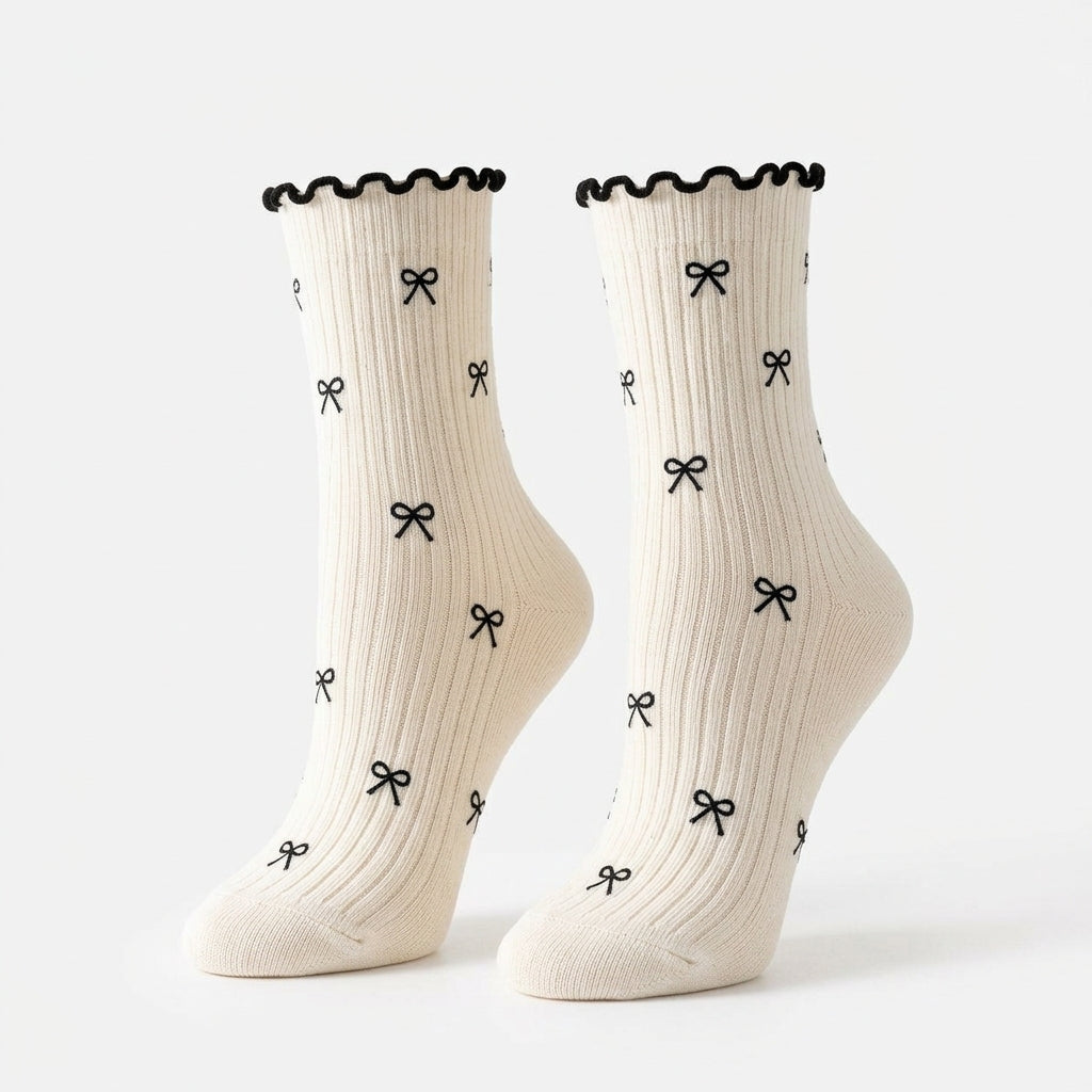 OutnaMae™ Ivory Bow Print Ruffle Crew Socks