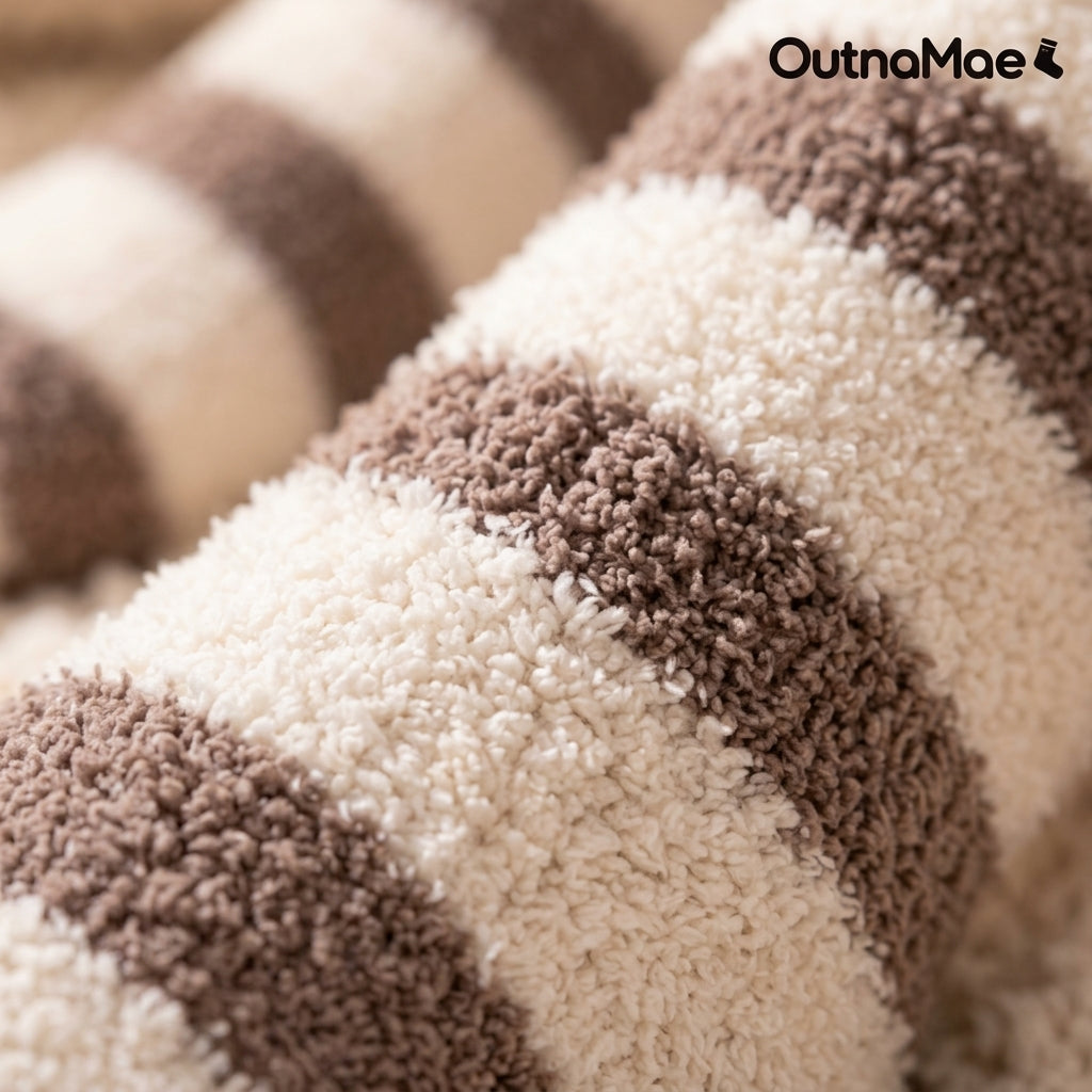 OutnaMae™ Ivory & Taupe Plush Stripe Crew Socks
