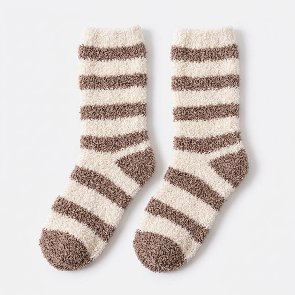 OutnaMae™ Ivory & Taupe Plush Stripe Crew Socks