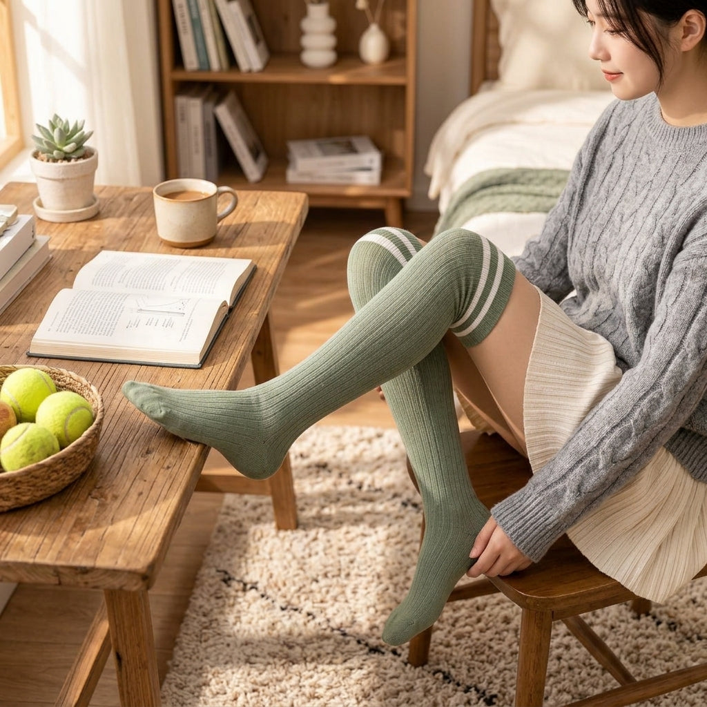 OutnaMae™ Sage Green Double-Stripe Over-the-Knee Socks